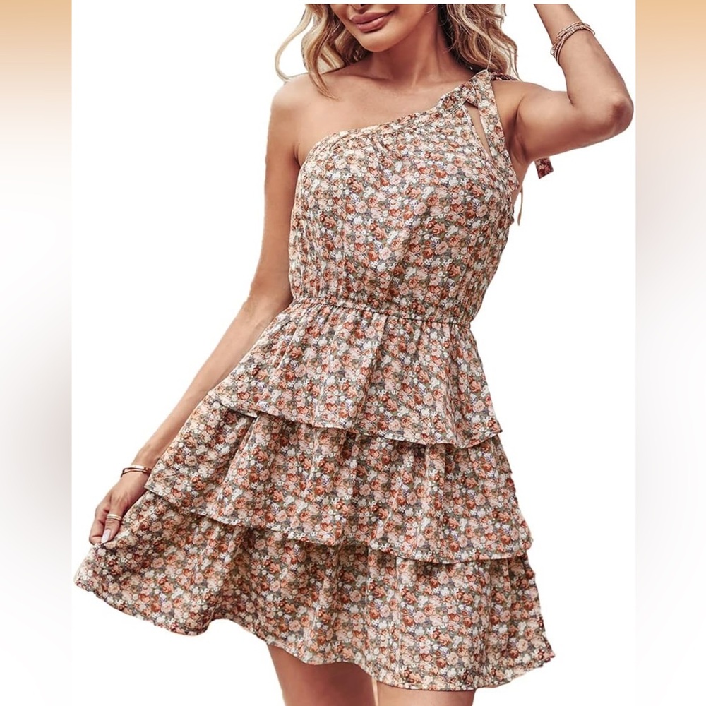 NWT Floral One-Shoulder Tiered Summer Dress in Peach size M